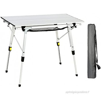PORTAL Table de camping pliante portable tout en aluminium léger 4 pieds réglables Dessus de table enroulable avec couche en maille pour la plage en plein air Voyage